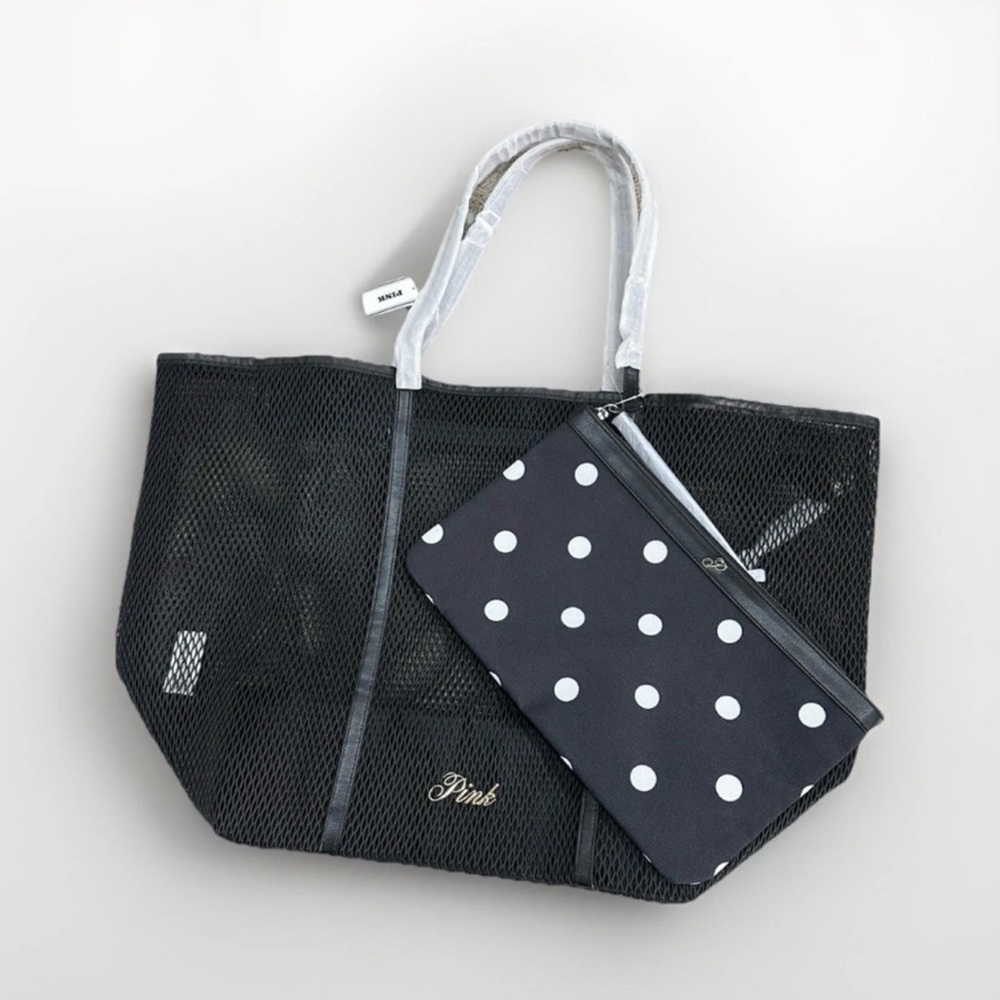 PINK Victoria's Secret Black Mesh Tote with Polka Dot Pouch